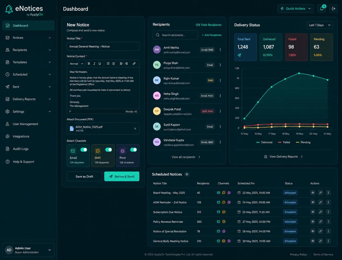 eNotices sending platform for email, SMS and print delivery